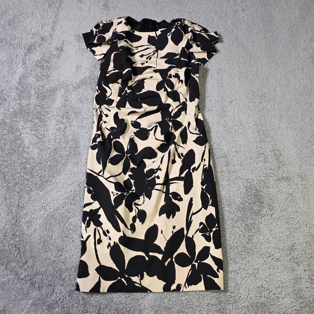 Joseph Ribkoff Womens 6 Sheath Dress Black Cream Floral Ruched Tulip Sleeve